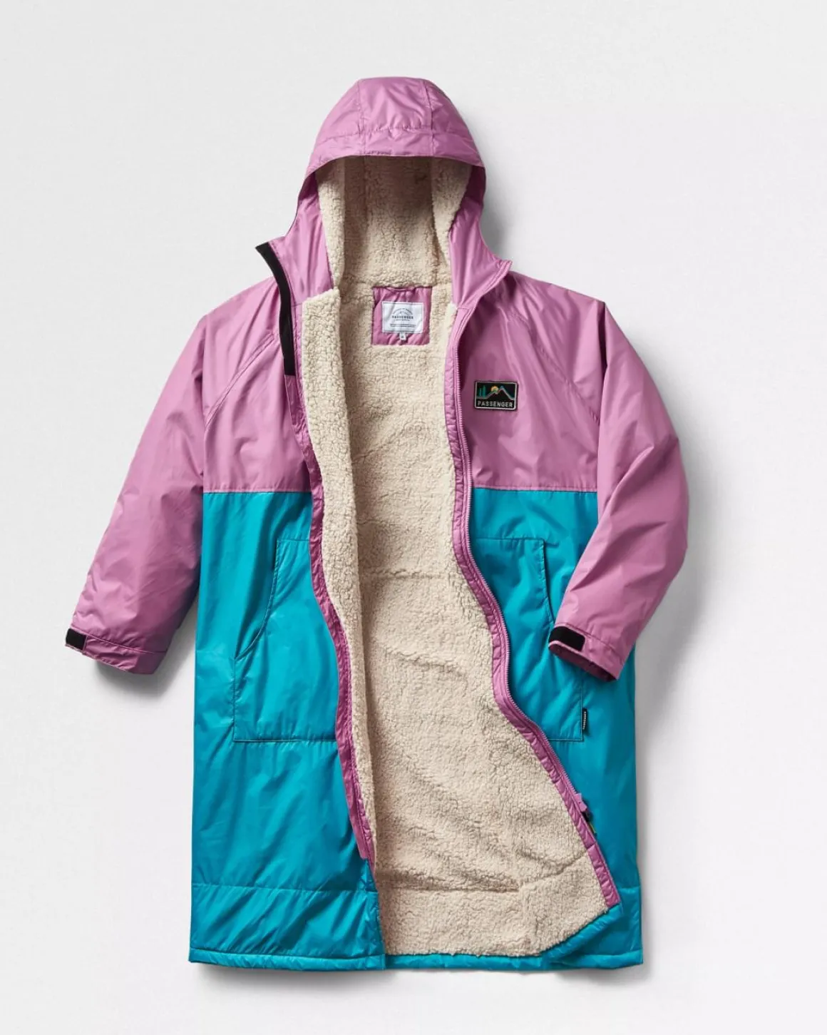 Poncho de surf recyclé doublé en sherpa - Vert Viridian/Orchidée