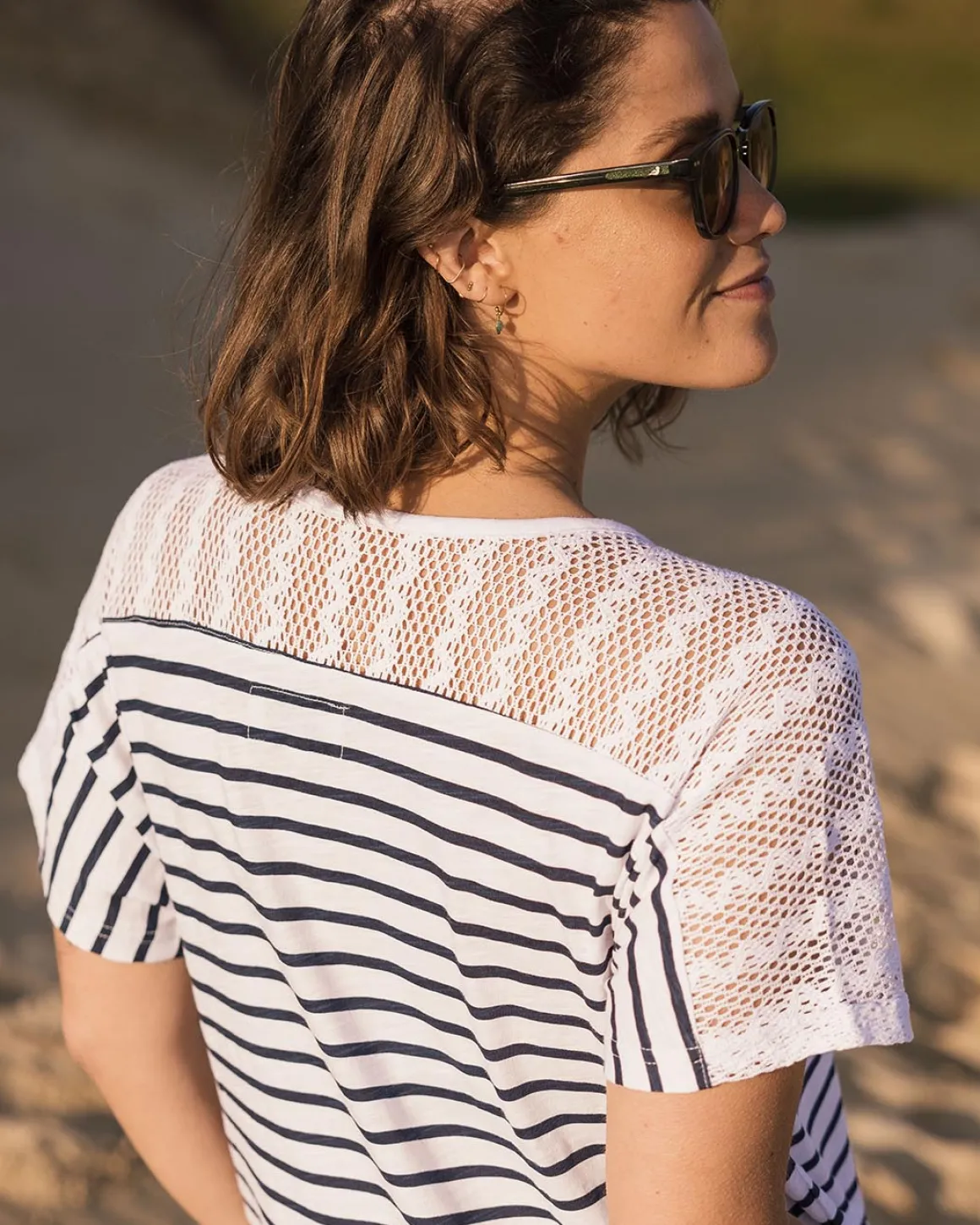 Robe T-shirt surdimensionnée en coton recyclé Olive - Rayure Marine