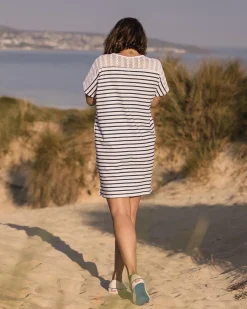 Robe T-shirt surdimensionnée en coton recyclé Olive - Rayure Marine