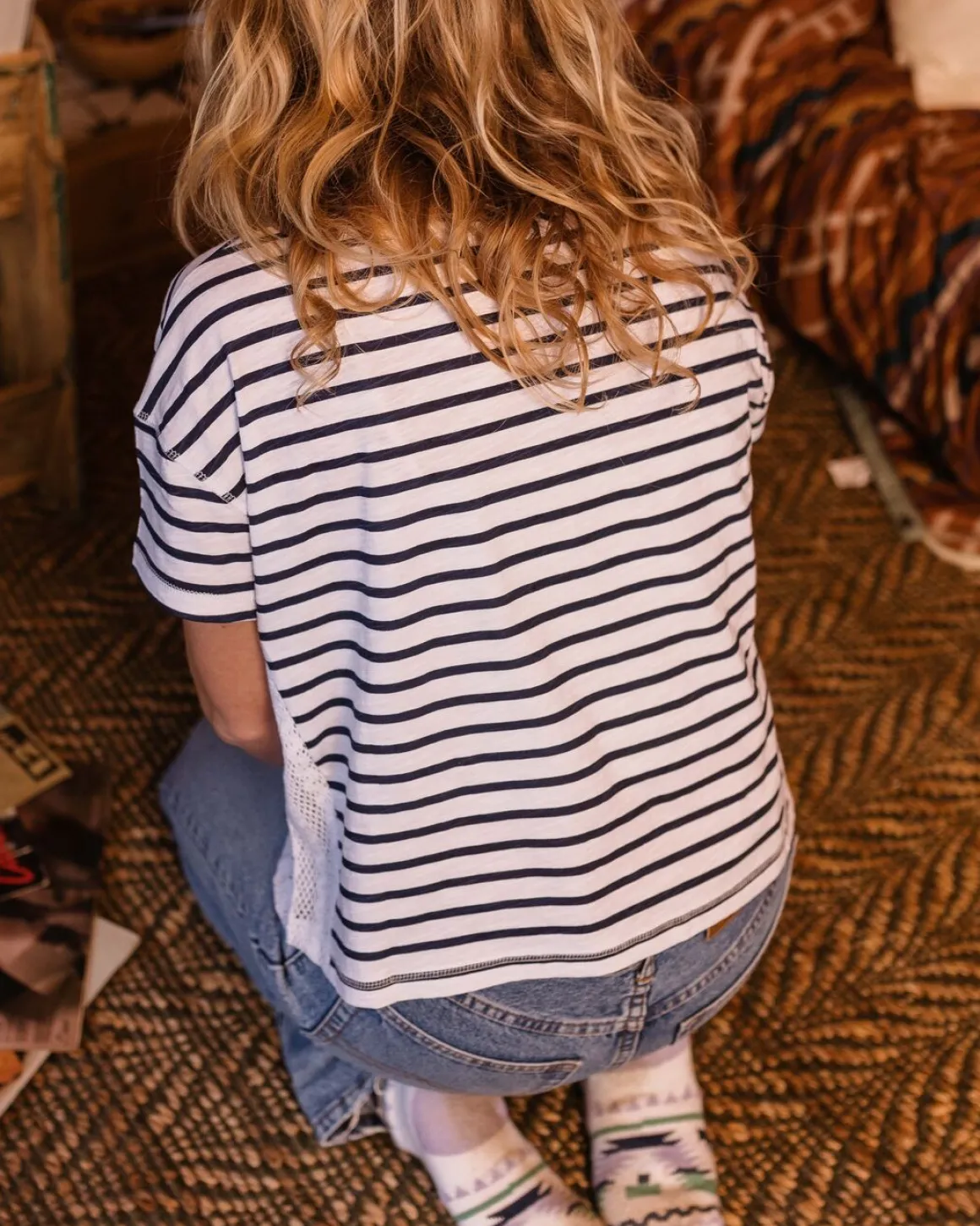 T-shirt à Rayures Marine avec Bordure au Crochet en Coton Recyclé Magnolia
